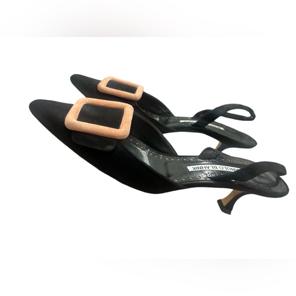 Manolo Blahnik Maysli Buckle Slingback in Suede Kitten Heel Black Size 37 - Picture 2 of 7